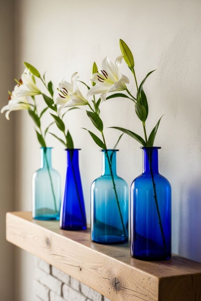Blue Glass Vases with White Lilies