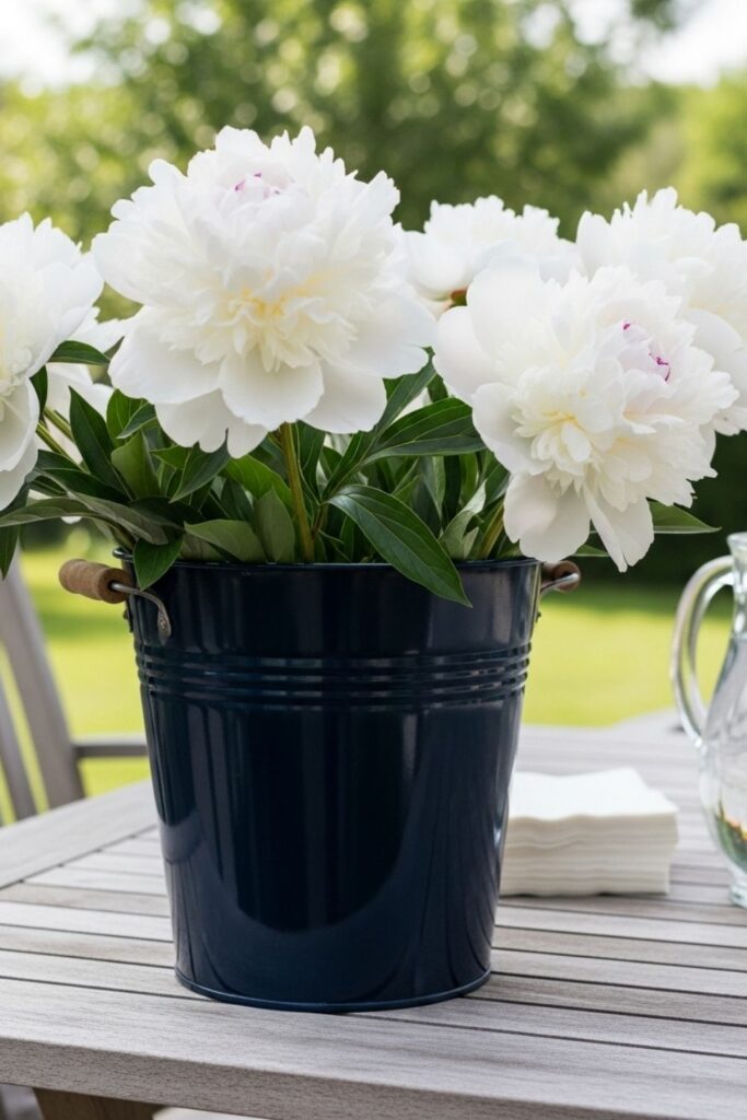 Navy Blue Pail with White Peonies
